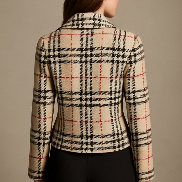 Burberry Nova Check Lambswool Toggle Coat Beige Black Red — Size S/M (Est.) - Picture 2 of 6